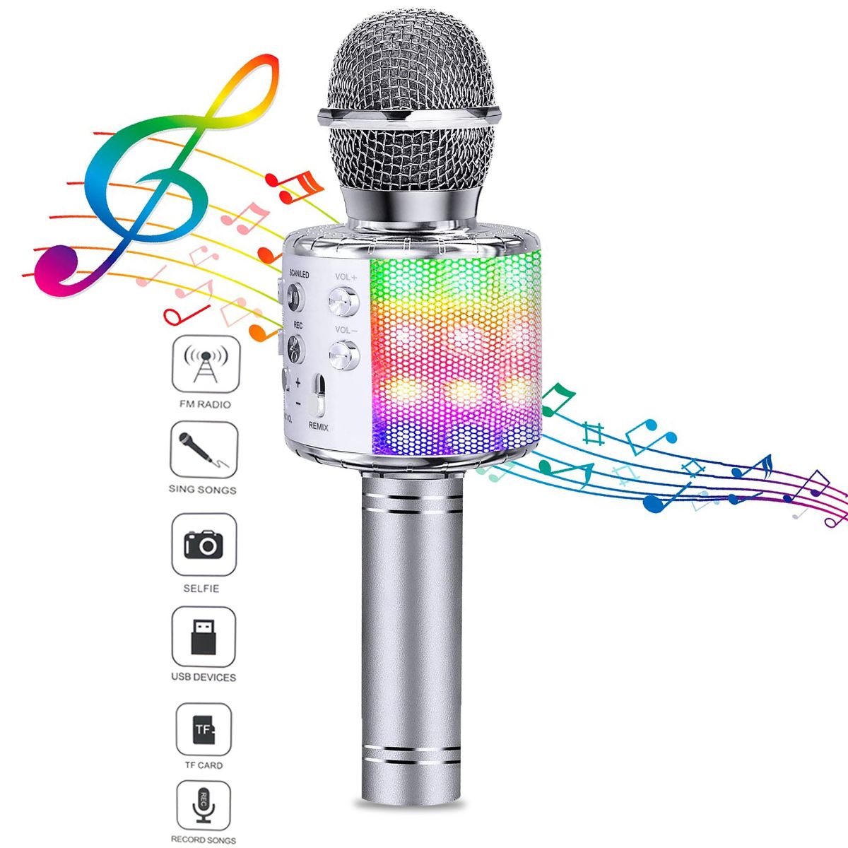 MICROFONO BT C/ PARLANTE CILINDRO KARAOKE PLATEADO (JTACCAV053)