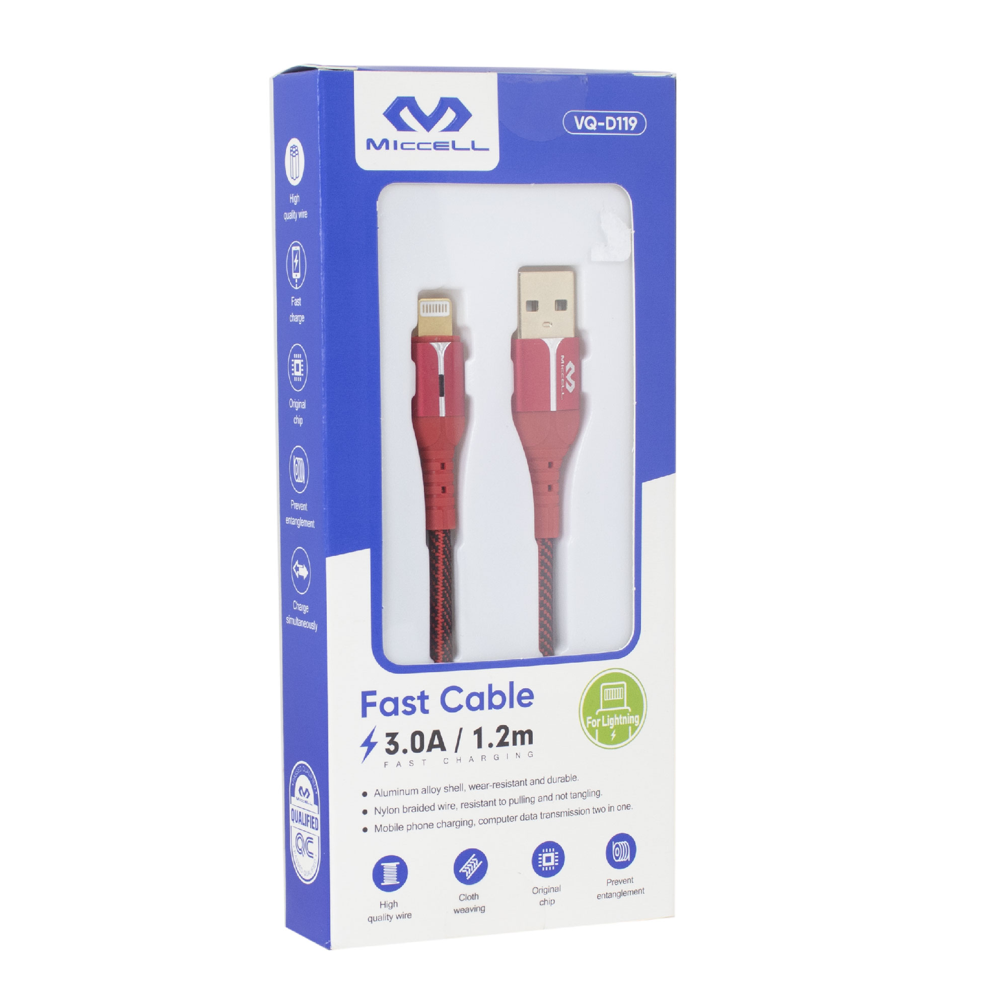 CABLE P/IPHONE MICCELL 3A 1.2M ROJO PUNTA FLEXIBLE (JTMICC020)