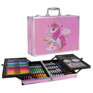 SET VALIJA METALICA ARTE 145 PIEZAS UNICORNIO ROSADA (JTJUG310-2)