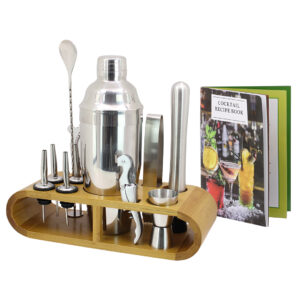 SET DE COCTELERIA  ACERO INOXIDABLE CON BASE DE MADERA (JTBAZ392)
