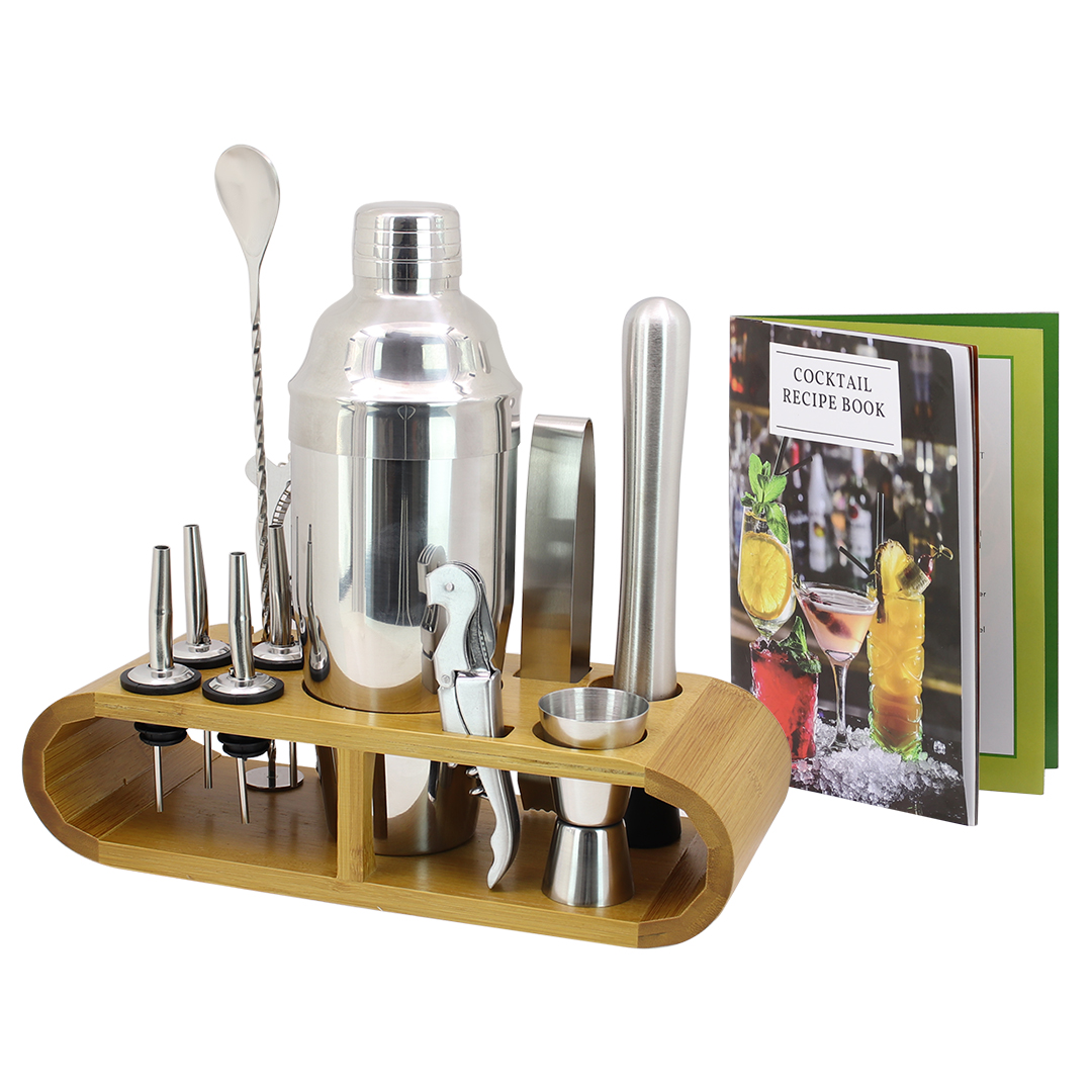 SET DE COCTELERIA ACERO INOXIDABLE CON BASE DE MADERA (JTBAZ392)