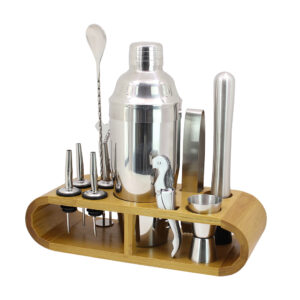 SET DE COCTELERIA ACERO INOXIDABLE CON BASE DE MADERA (JTBAZ392)
