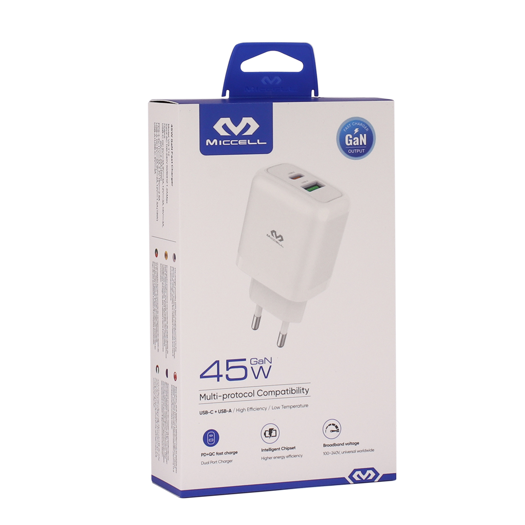 CARGADOR MICCELL VQ-T12 45W USB-C + USB BLANCO (JTMICC092)