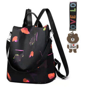 MOCHILA ANTIRROBO NEGRA C/FLORES + LLAVERO OSITO (COMBOJTBOL039+JTHOG983)