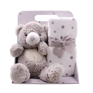 OSO DE PELUCHE CON MANTA CORAZONES GRIS (JTBABYQP1007GRI)