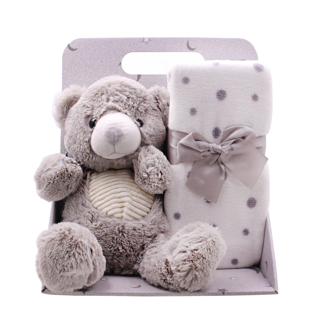 OSO DE PELUCHE CON MANTA CORAZONES GRIS (JTBABYQP1007GRI)
