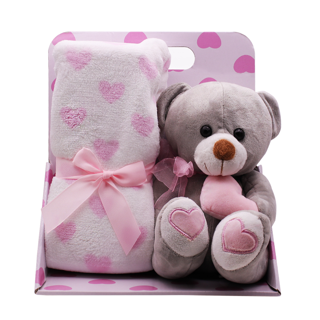 OSO DE PELUCHE CON MANTA CORAZONES ROSADO (JTBABYQP1007ROS)