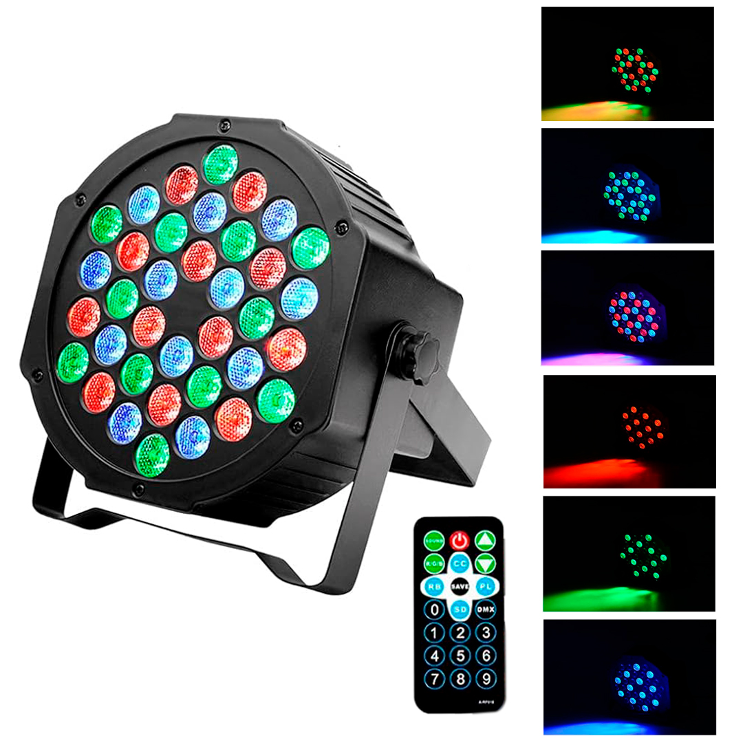 FOCO DE LUZ 36 LED RGB AUDIORITMICO 220V CON CONTROL REMOTO (JTFIEST141)