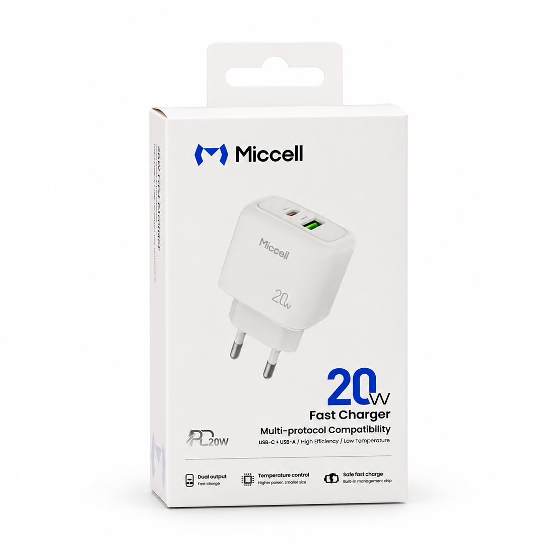 CARGADOR DE PARED MICCELL VQ-T12 USB + USB-C 20W BLANCO (JTMICC091)